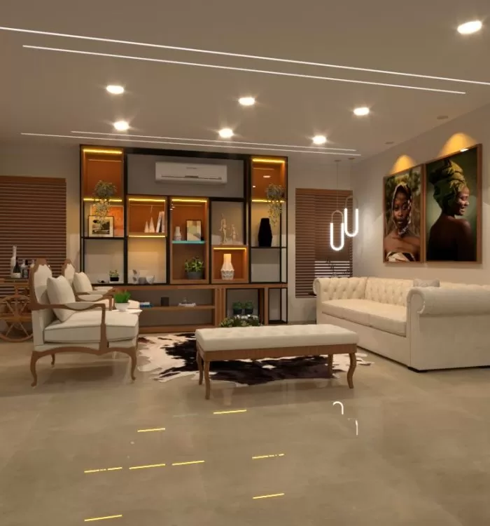 Sala residencial com iluminação e marcenaria